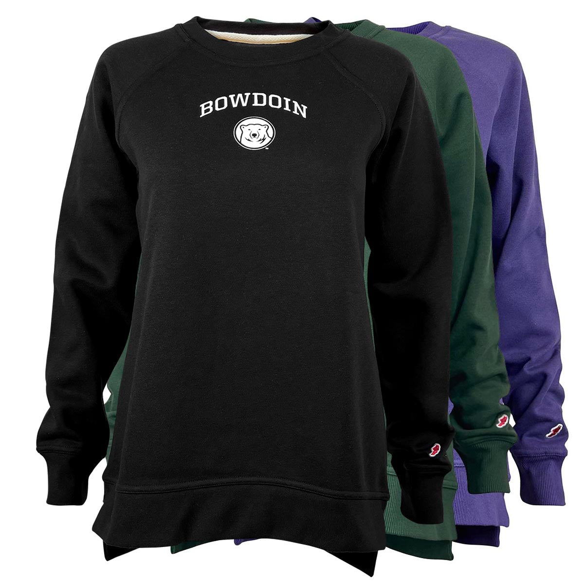 Black, green, and purple sweatshirts with 'Bowdoin' logo on a white background