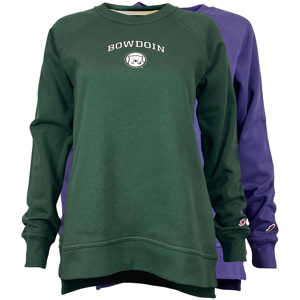 Green and purple sweatshirts with 'Bowdoin' logo on a white background
