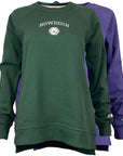 Green and purple sweatshirts with 'Bowdoin' logo on a white background