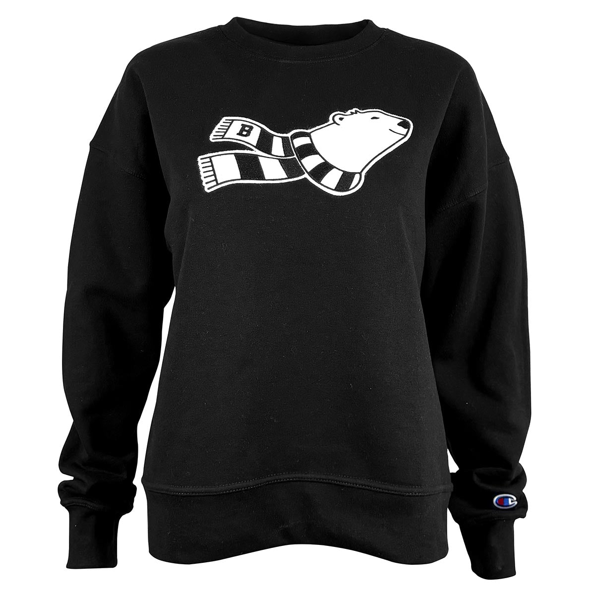 Black sweatshirt with a graphic design of a bear wearing a striped scarf on a white background
