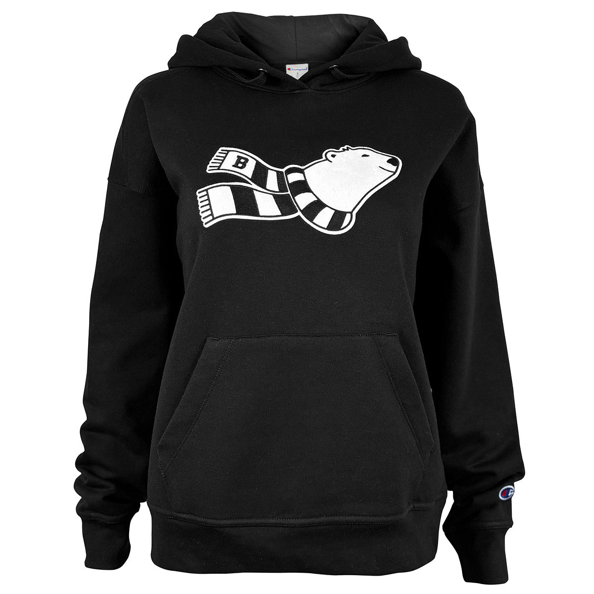 Women's black hoodie with cartoon bear logo on chest.