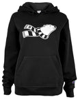 Women's black hoodie with cartoon bear logo on chest.