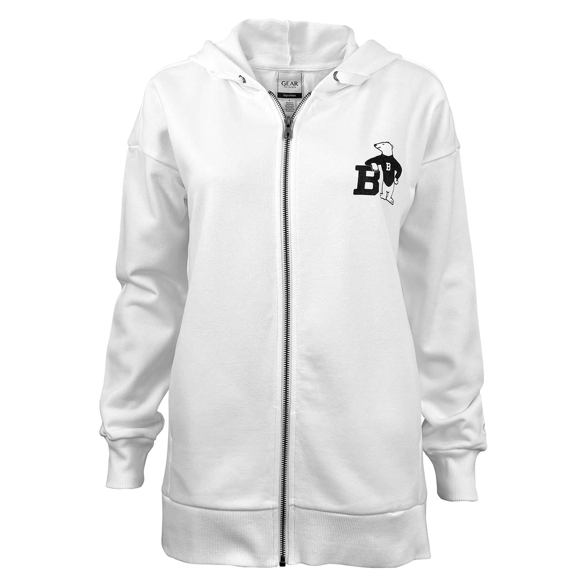 White hoodie with a cartoon bear logo on the chest against a white background