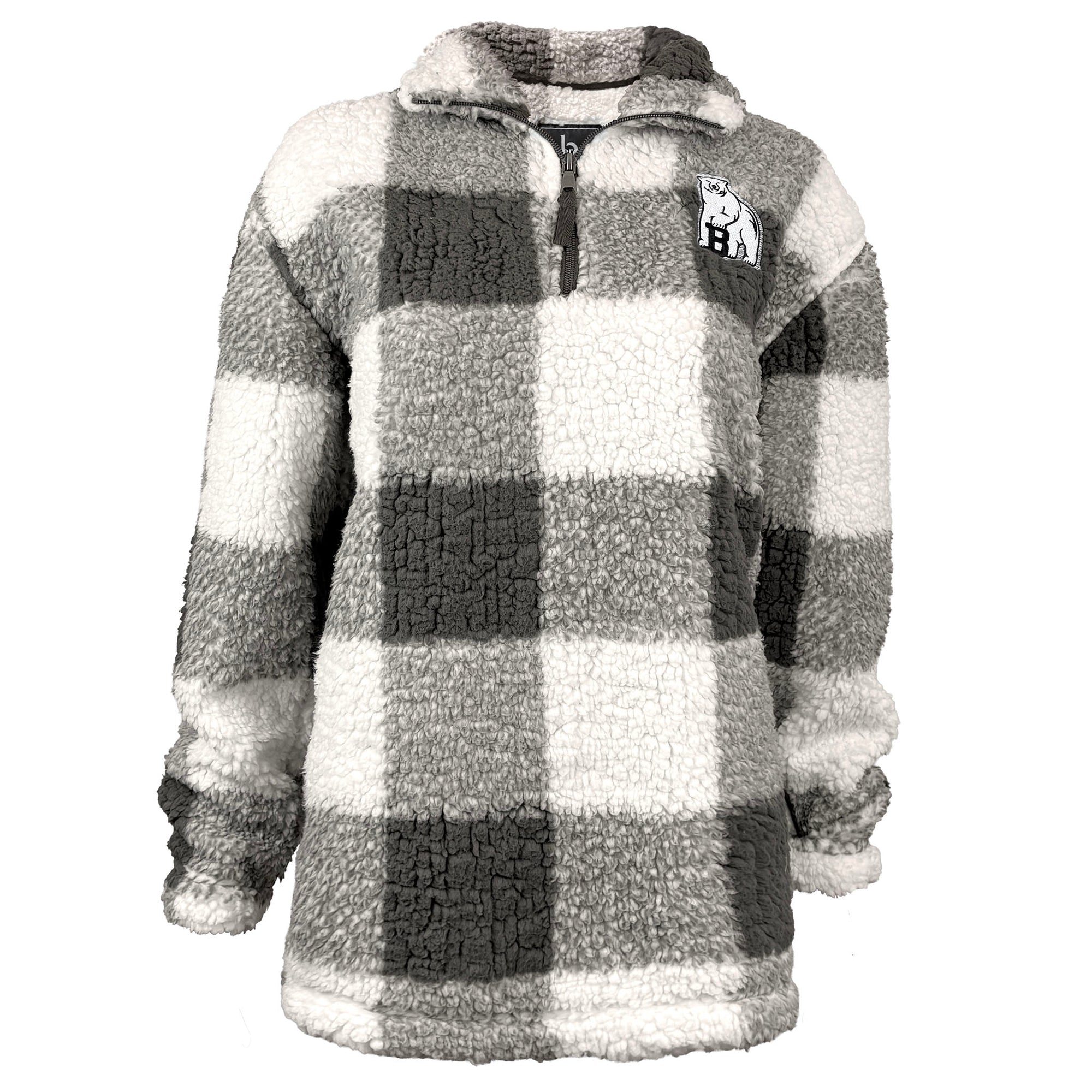 Plaid patterned pullover with a quarter-zip design on a white background