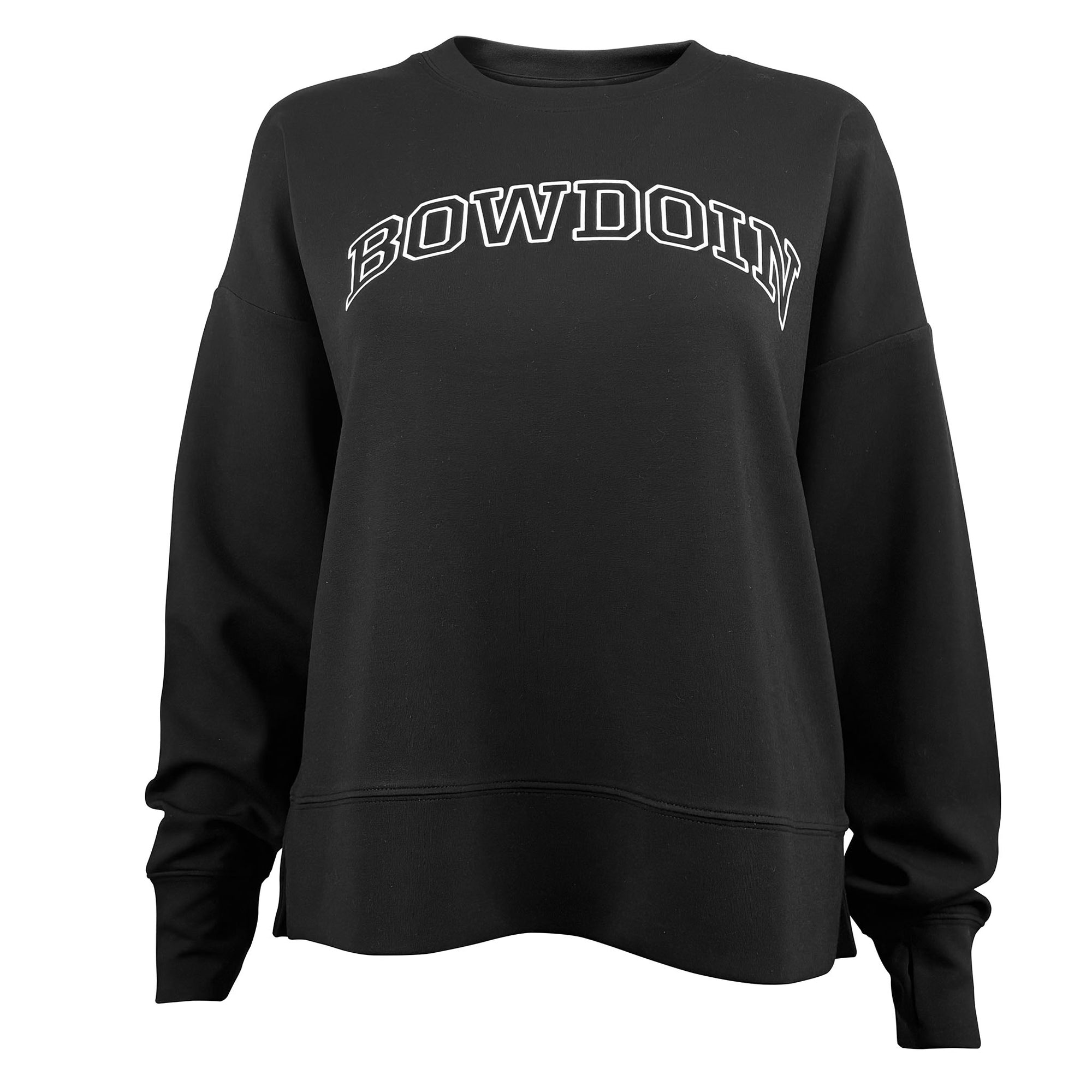 A black crewneck sweatshirt with 'BOWDOIN' printed in white arched varsity-style letters across the chest, displayed on a clean white background.