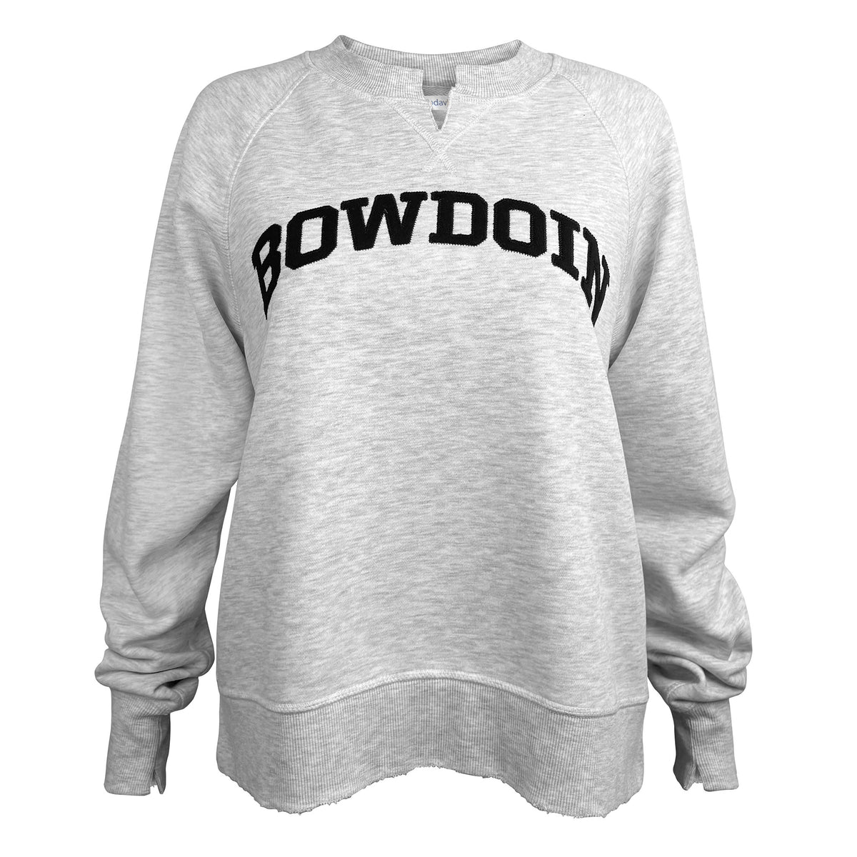 A light heather gray crewneck sweatshirt with 'BOWDOIN' printed across the chest in black arched block letters, shown against a plain white background.