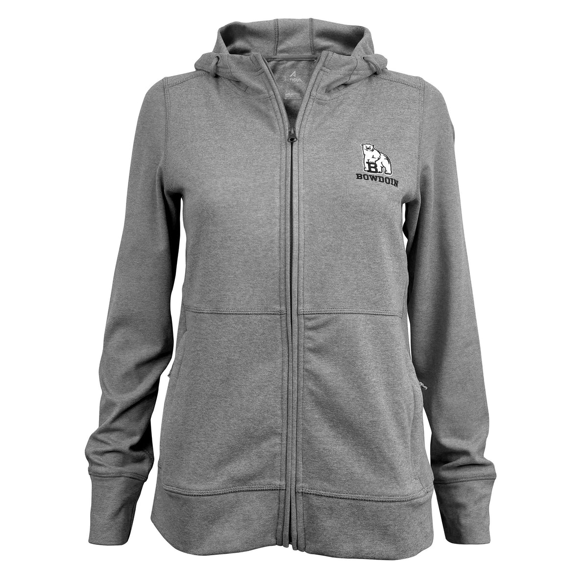 A women's heather gray zip-up hoodie with a white and black Bowdoin polar bear over black BOWDOIN on the left chest, displayed on a clean white background.