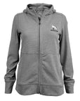 A women's heather gray zip-up hoodie with a white and black Bowdoin polar bear over black BOWDOIN on the left chest, displayed on a clean white background.