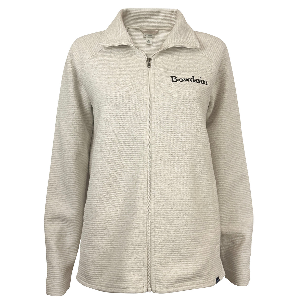 A women's zip-up fleece jacket in a light heathered oatmeal color, featuring a stand-up collar, full-length front zipper, and 'Bowdoin' embroidered in black on the left chest.