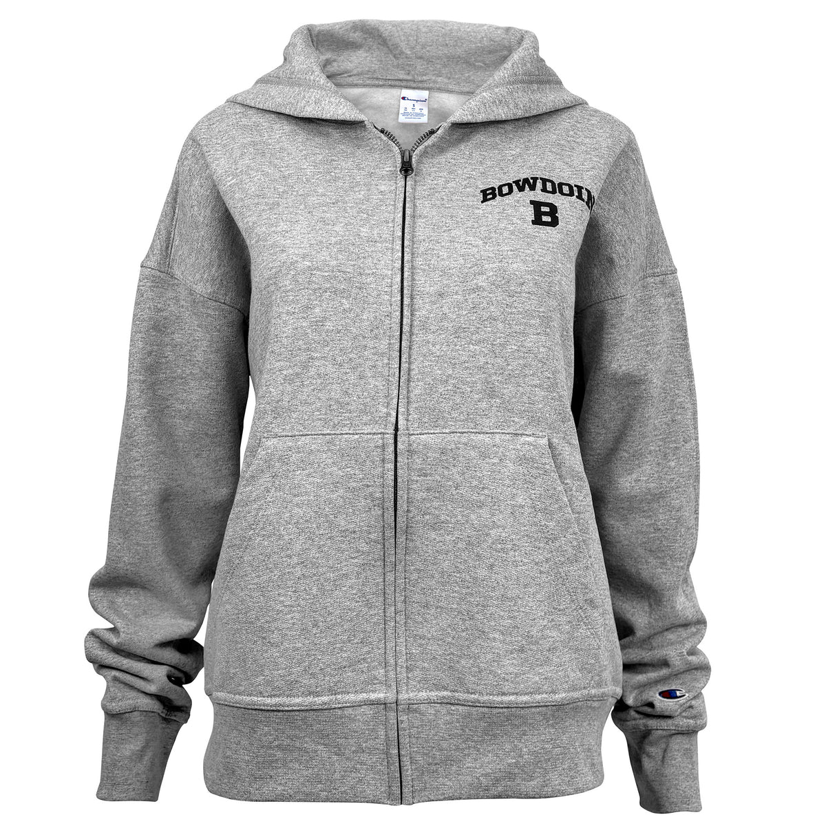 A heather gray zip-up hoodie with 'BOWDOIN B' printed in black on the left chest, featuring a front zipper, drawstring hood, and ribbed cuffs and hem.