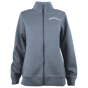 Women's grey zip up jacket with light grey arched BOWDOIN embroidery on left chest.