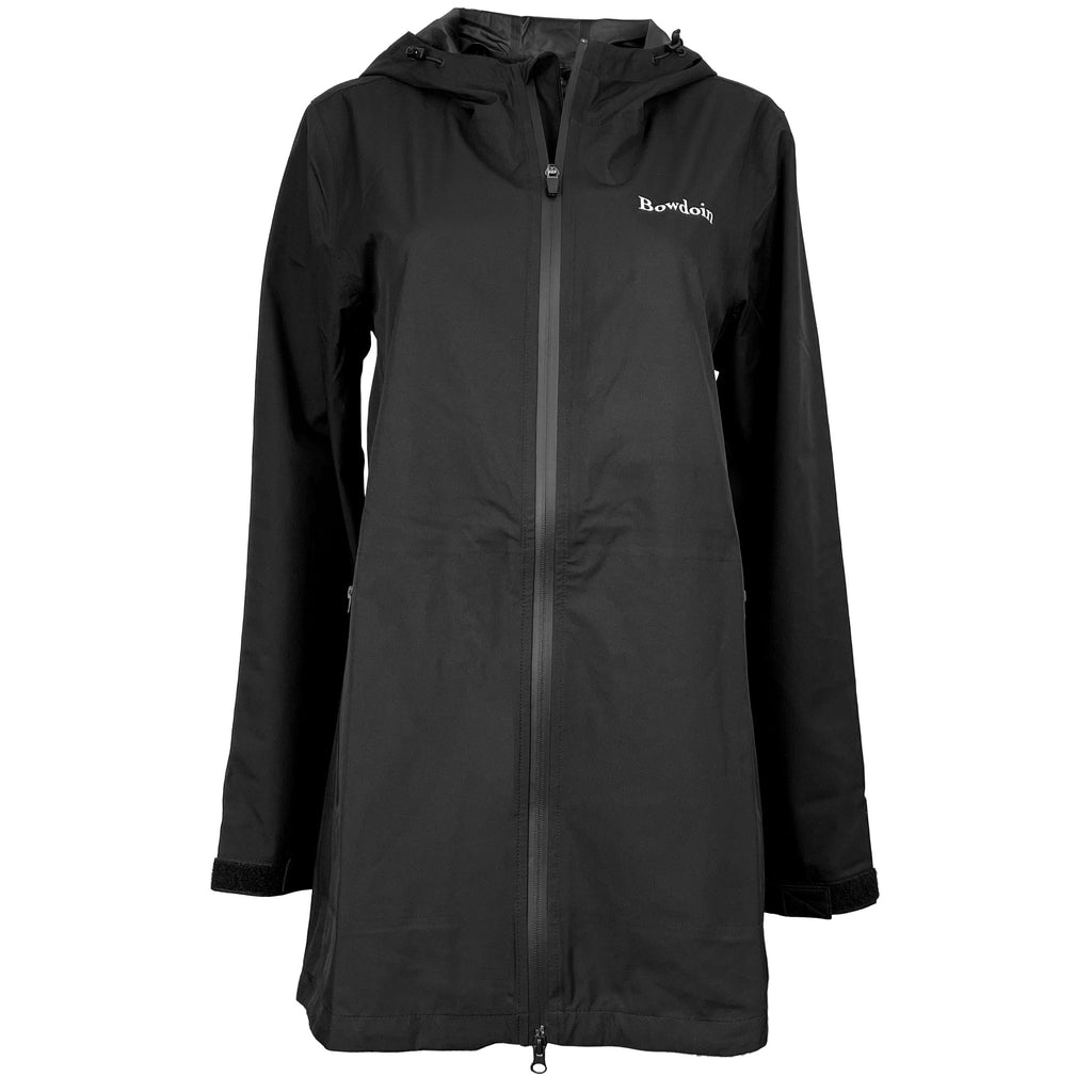 Women's thigh-length black rain coat with white BOWDOIN wordmark imprint on left chest.