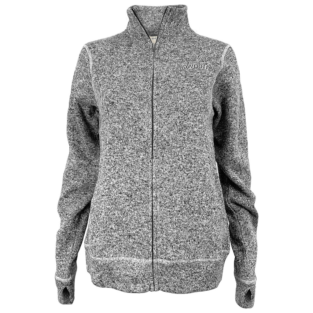 Gray heather full zip with arched BOWDOIN embroidery on left chest in black with white outline. 