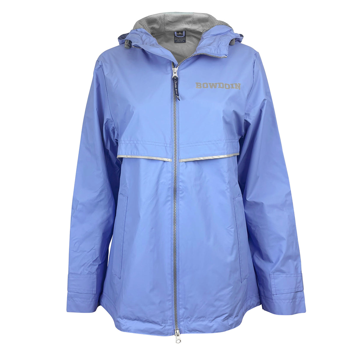 A light blue hooded rain jacket with a silver zipper and a small silver 'BOWDOIN' logo on the left chest, displayed against a solid white background.