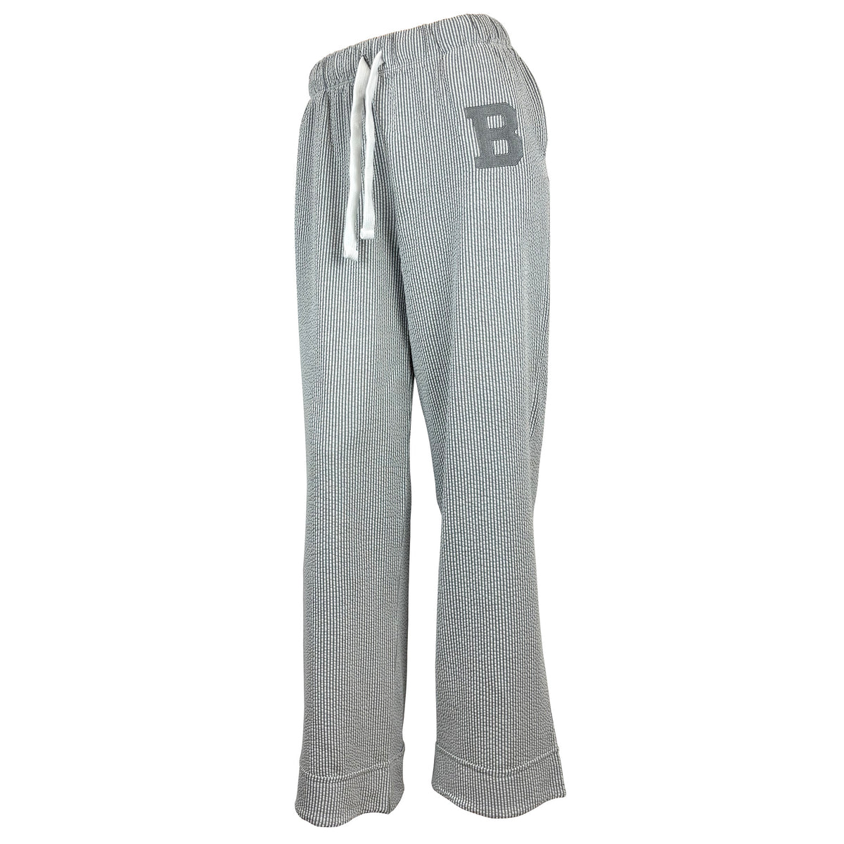 Gray and white textured knit lounge pants with a white drawstring and a gray letter 'B' on the upper left leg, shown against a plain white background.