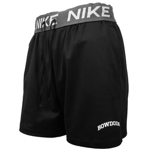 Black mesh shorts with folded-down grey waistband with repeating NIKE imprint. Small arched BOWDOIN imprint on hem of left leg.