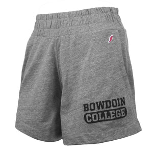 Heather grey jersey shorts with black imprint of BOWDOIN over COLLEGE on left leg.