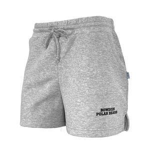 Heather grey sweatshirt fleece shorts with side pockets and drawstring. Black BOWDOIN over POLAR BEARS imprint on left leg.