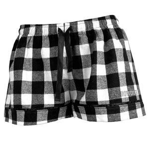 Black and white buffalo plaid shorts with black ribbon trim and drawstring. White BOWDOIN imprint with black outline on left leg.