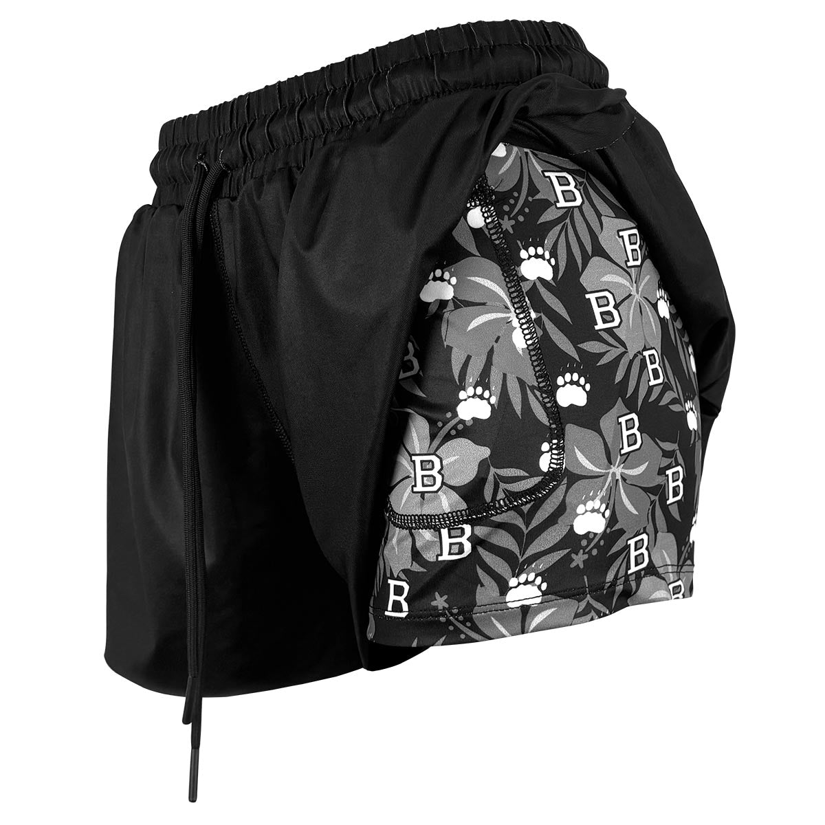 Black shorts with lining featuring a floral pattern and brand logo on a white background