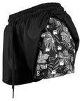 Black shorts with lining featuring a floral pattern and brand logo on a white background
