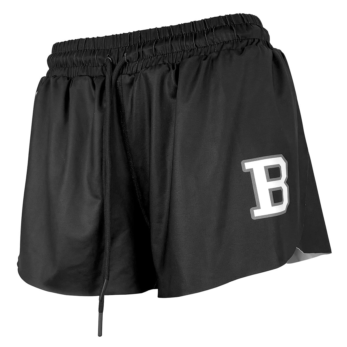 Black shorts with a white letter 'B' on a white background