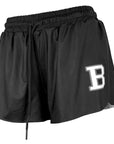 Black shorts with a white letter 'B' on a white background