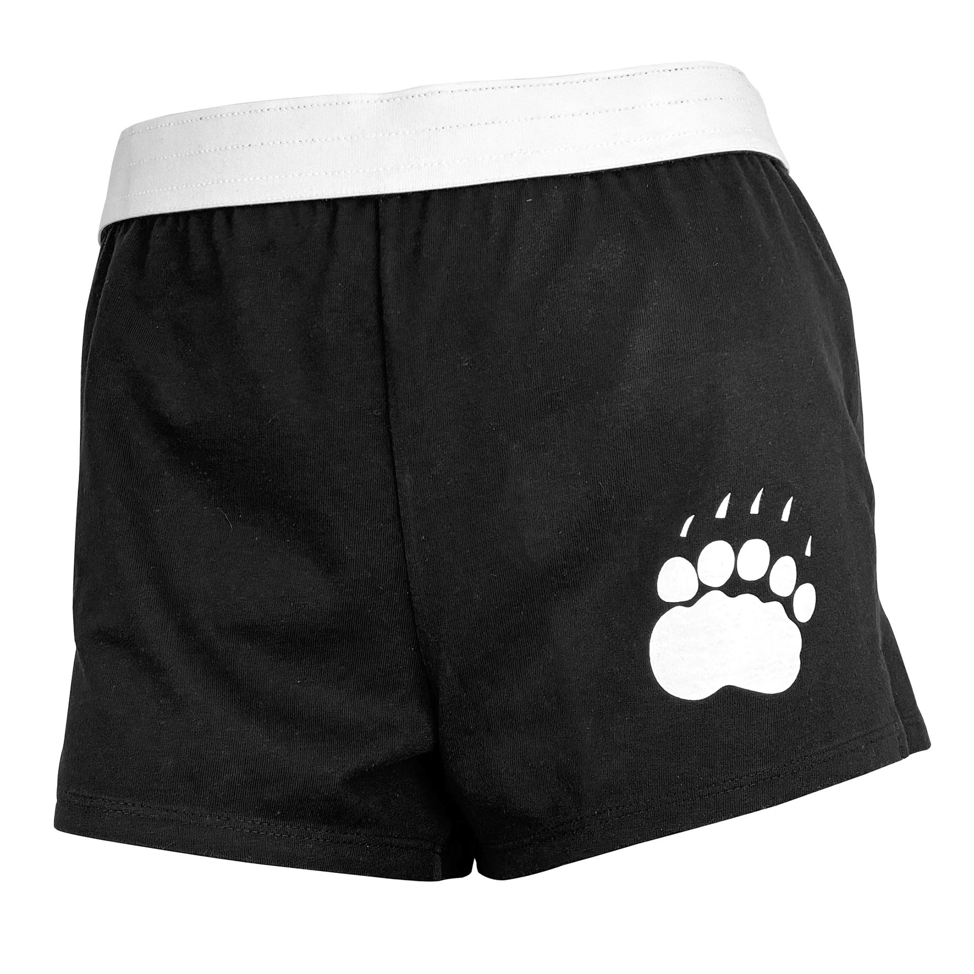 Black athletic shorts with a white elastic waistband and a white paw print graphic on the left leg, shown against a plain white background.