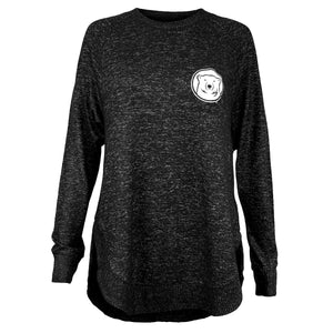 Black heather sweater with drop tail hem and white imprint of mascot medallion on left chest.