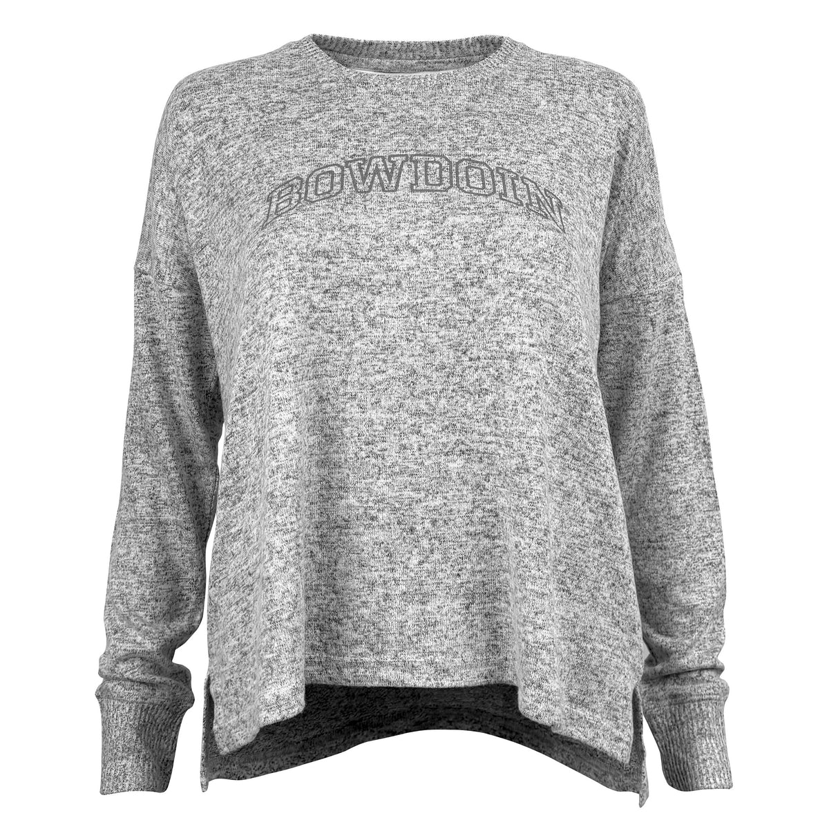 Heather grey knit sweater with grey outline BOWDOIN arched on chest, shown on white background.