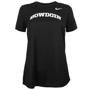 Women's black short sleeved tee with BOWDOIN arched on chest in white with gray outline, and a white Nike Swoosh on the left shoulder.