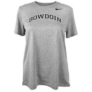 Women's heather grey short sleeved tee with BOWDOIN arched on chest in black with white outline, and a black Nike Swoosh on the left shoulder.