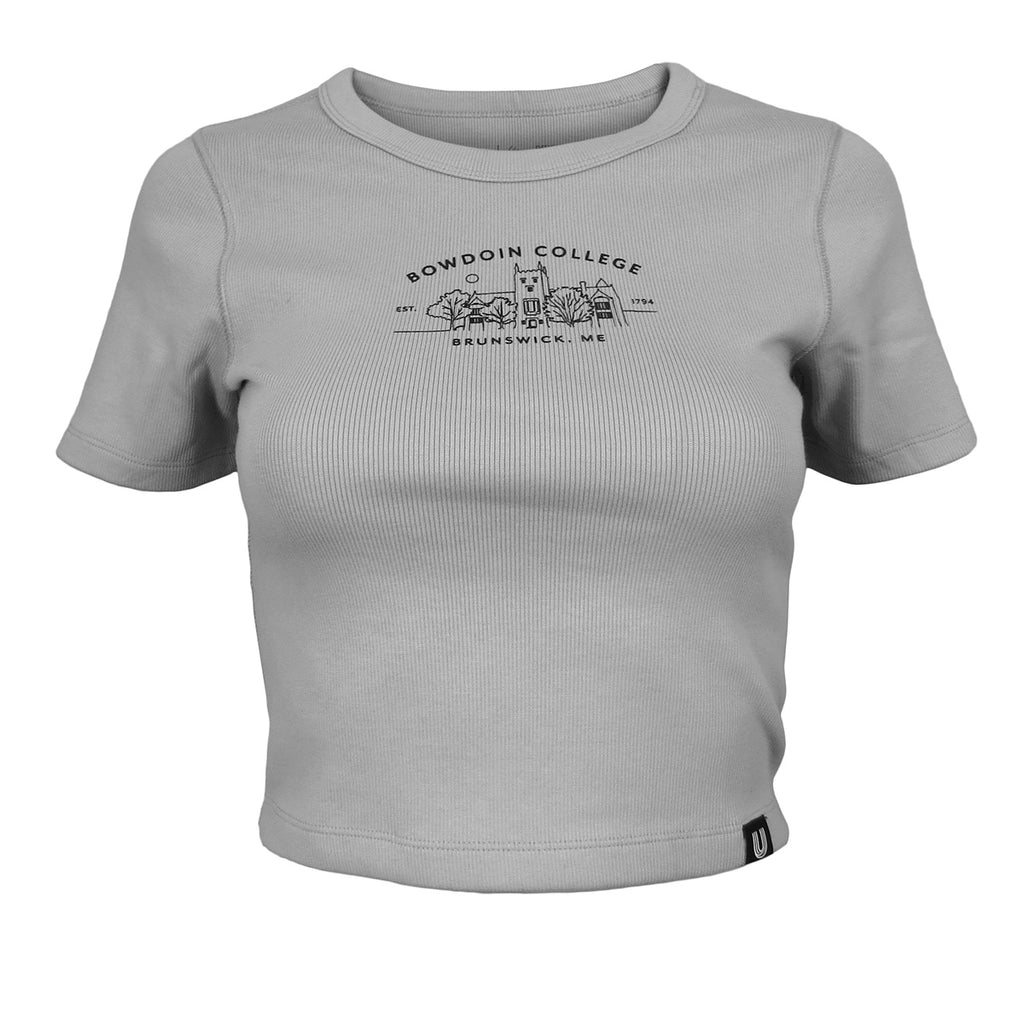 Light grey fitted ribbed cropped tee with black line imprint of BOWDOIN COLLEGE arched over drawing of Hubbard Hall with EST 1794 over BRUNSWICK, ME