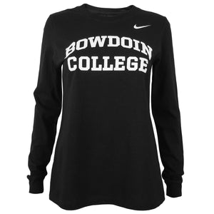 Women's black long-sleeved tee with white imprint of Nike Swoosh on left shoulder, and large white chest imprint of BOWDOIN arched over COLLEGE.