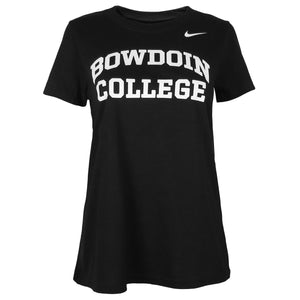Women's black short-sleeved tee with white imprint of Nike Swoosh on left shoulder, and large white chest imprint of BOWDOIN arched over COLLEGE.