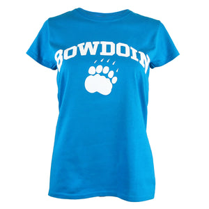 Short sleeved women's tee in bright blue with white imprint of BOWDOIN arched over paw on cheest.