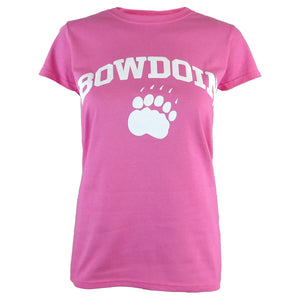 Short sleeved women's tee in bright pink with white imprint of BOWDOIN arched over paw on cheest.