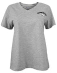 Women's oxford grey V-neck tee with imprint of BOWDOIN in black arched over white and black mascot medallion on left chest.