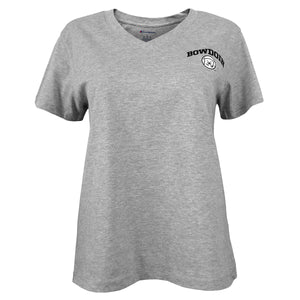 Women's oxford grey V-neck tee with imprint of BOWDOIN in black arched over white and black mascot medallion on left chest.