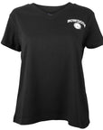 Women's black V-neck tee with white imprint of BOWDOIN arched over mascot medallion on left chest.