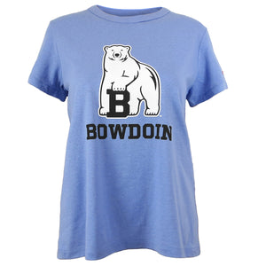 Women's short sleeved tee in light blue with imprint of polar bear mascot over BOWDOIN on chest.