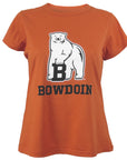 Women's short sleeved tee in rust orange with imprint of polar bear mascot over BOWDOIN on chest.