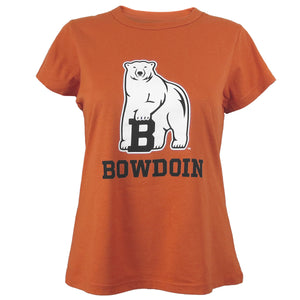 Women's short sleeved tee in rust orange with imprint of polar bear mascot over BOWDOIN on chest.