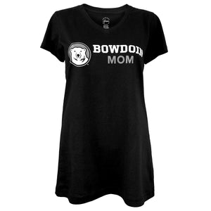 Women's black V-neck short sleeved tee with mascot medallion on right chest and BOWDOIN over MOM across the center and left chest.