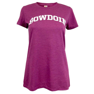 Heathered berry purple women's short sleeved tee with white arched BOWDOIN imprint on chest.