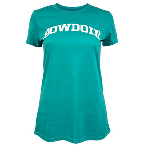 Heathered teal women's short sleeved tee with white arched BOWDOIN imprint on chest.