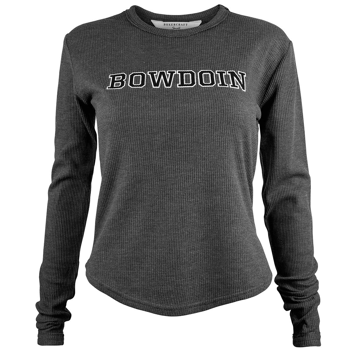 Gray long-sleeve shirt with 'Bowdoin' text on a white background