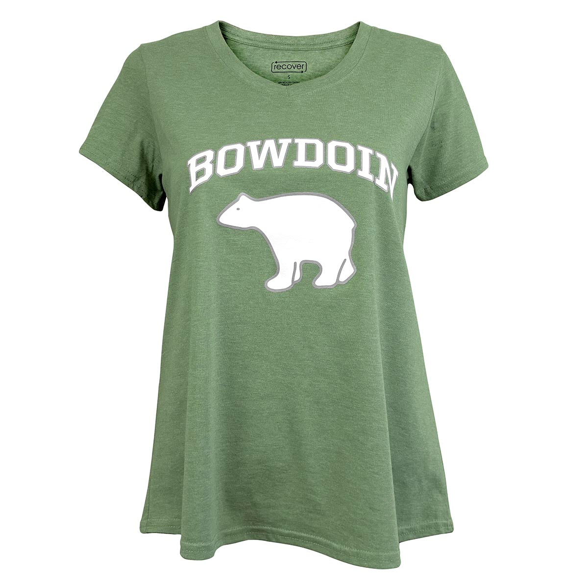 Green t-shirt with 'Bowdoin' and a bear graphic on a white background