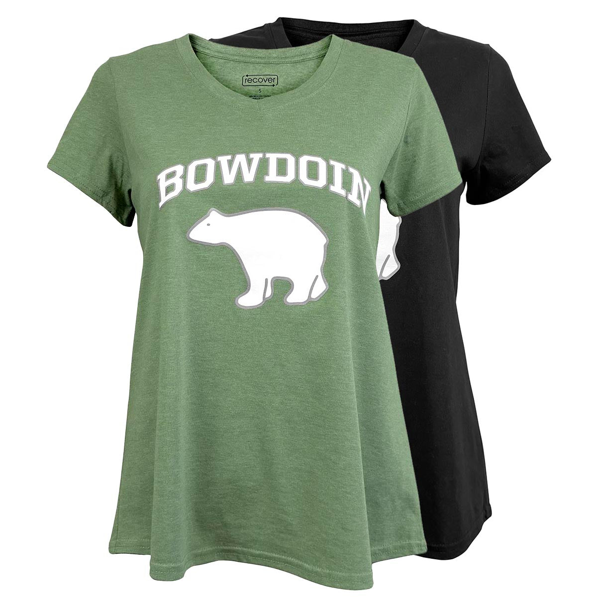 Green and black t-shirts with 'Bowdoin' and bear graphic on a white background