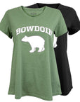 Green and black t-shirts with 'Bowdoin' and bear graphic on a white background